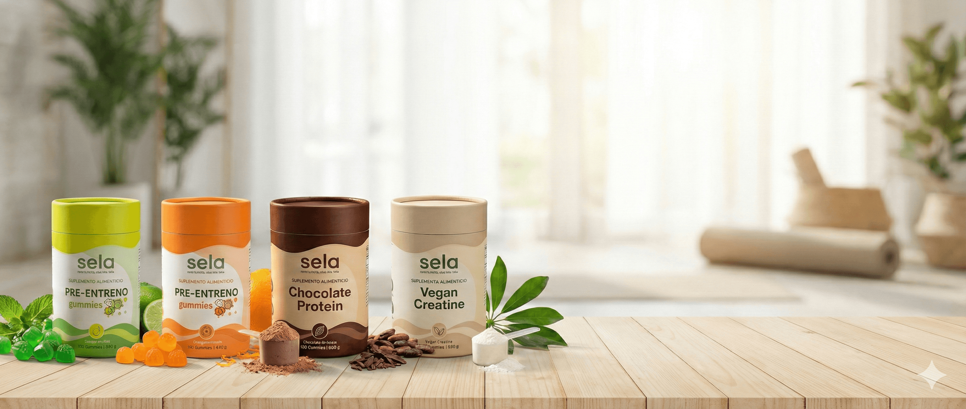 The complete line of sela nutritional supplements in a modern wellness space.