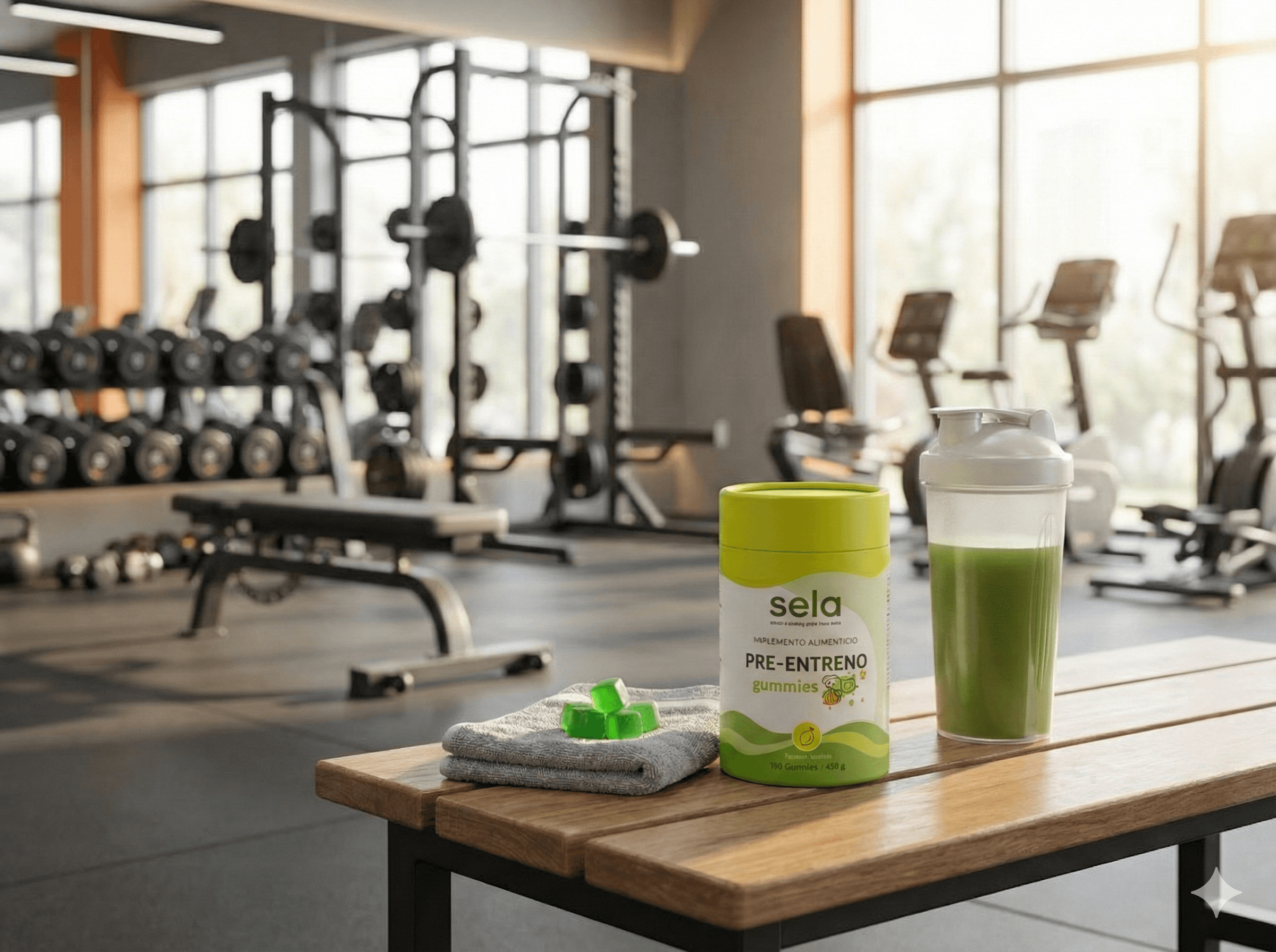 sela pre-workout gummies and green tub resting on a gym bench.