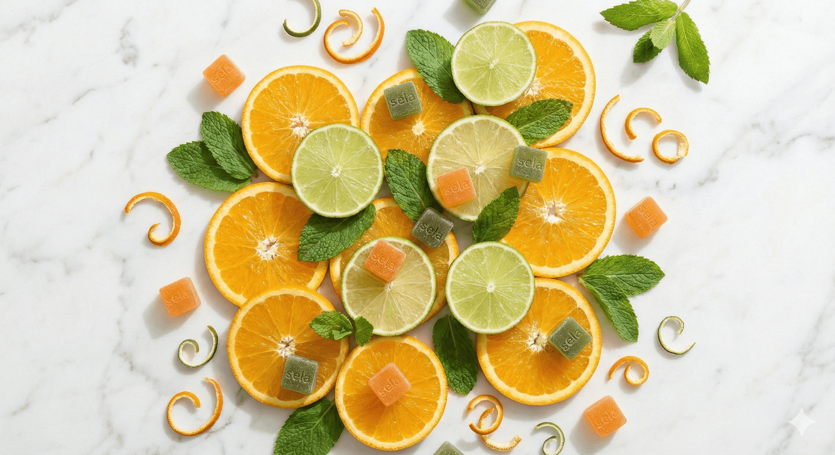 Fresh limes, oranges, and sela pre-workout gummies on a white marble surface.